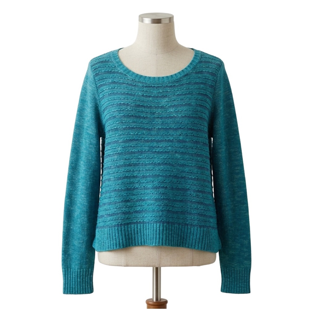 EILEEN FISHER Teal Blue Crewneck Knit Sweater, Petite Medium.